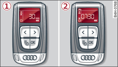 Afstandsbediening voor interieurvoorverwarming: -1- Direct inschakelen, -2- timer instellen